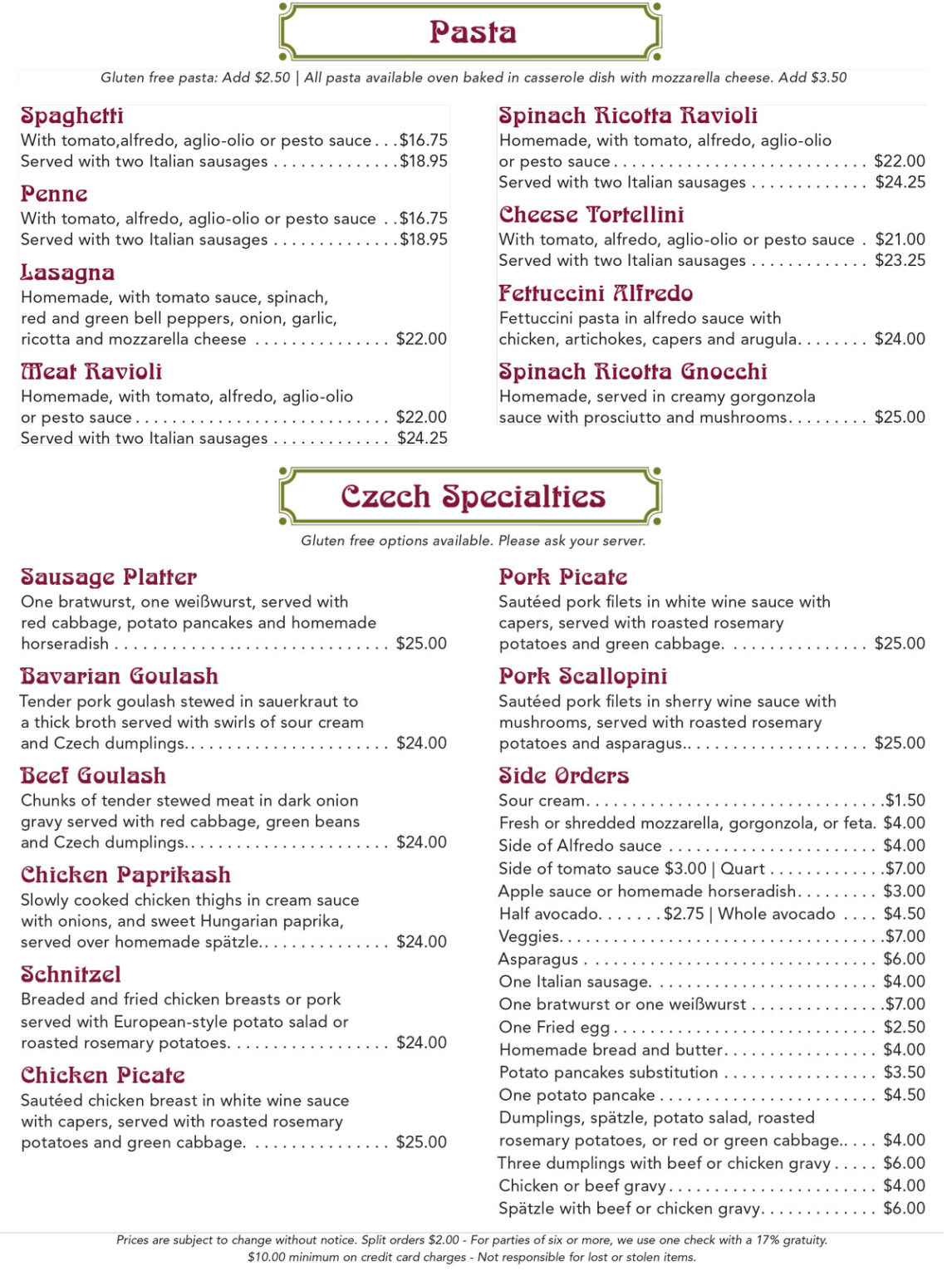 Menu – La Trattoria Bohemia