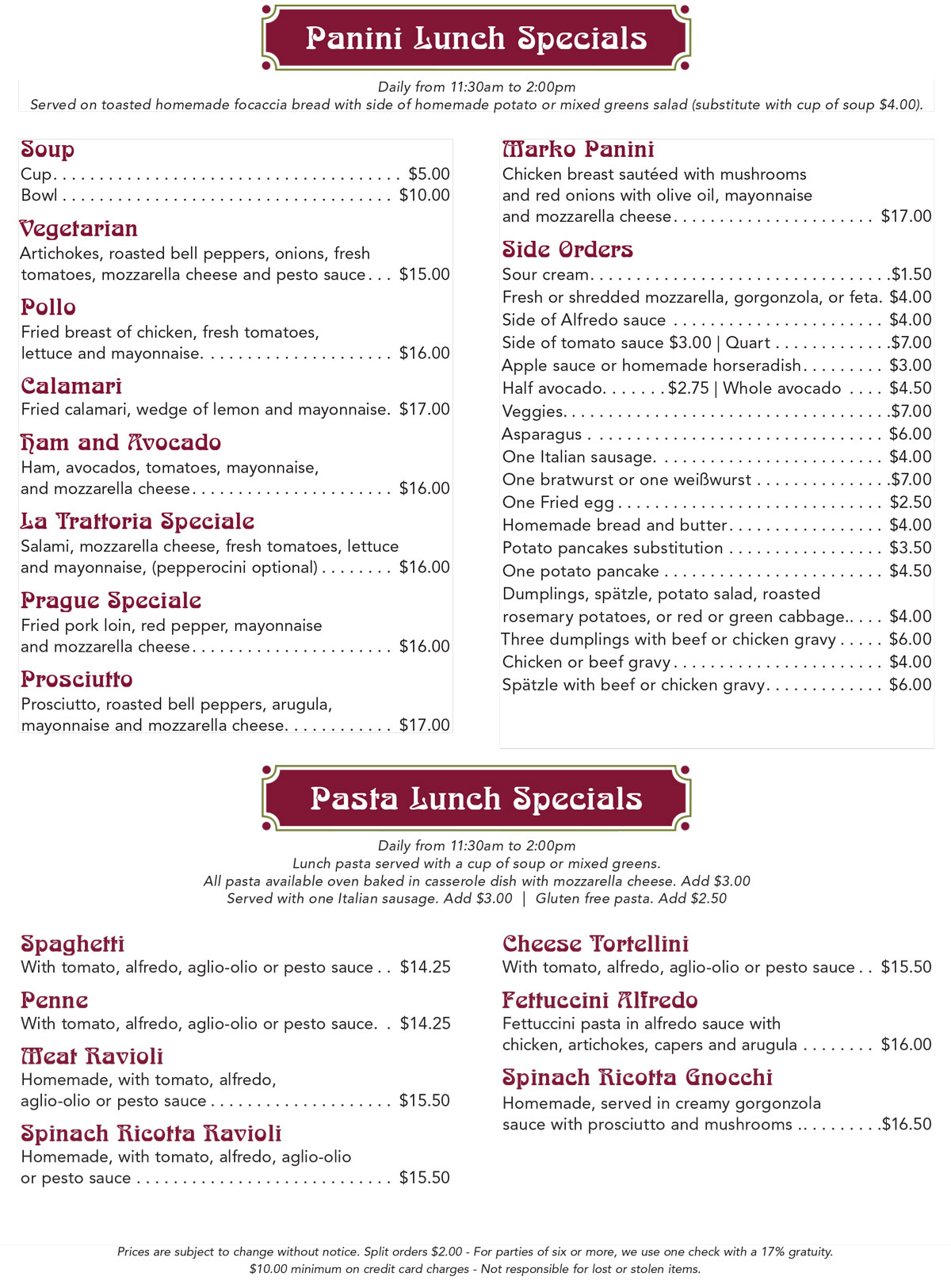 Menu – La Trattoria Bohemia